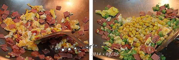 瓦斯爐開火先將炒鍋水份燒乾
倒進些許沙拉油，待油稍微溫熱後
先倒進打散的蛋液以中大火將蛋拌炒一下
再放入火腿丁片一起拌炒出味
四季豆丁、玉米粒，依序倒進鍋中拌炒
倒進不到半杯量米杯份量的熱開水
持續拌炒至四季豆熟了即可

加進些許鹽巴再拌炒數下即可熄火起鍋。
裝盤後灑上一些白芝麻就成了一道美味佳餚