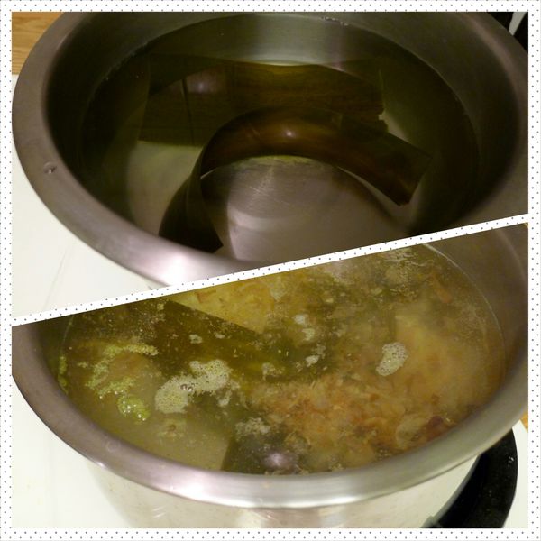 煮[高湯]，取一湯鍋，將昆布表面稍微擦乾，將昆布與水靜置水中約半小時，再以中火煮滾後，關小火煮約10~15分鐘即關火，放入柴魚片，燜約5分鐘左右，待柴魚全部沉底後，瀝出昆布&amp;柴魚高湯即完成