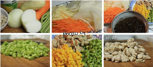 食材中，洋蔥、紅蘿蔔、馬鈴薯都切成細絲
四季豆處理好之後切成小丁段、肉羹也切成小丁塊，備用。