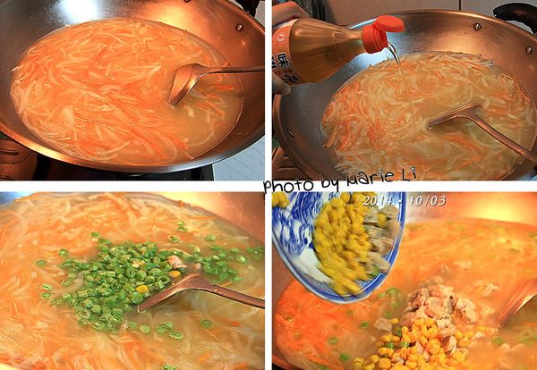 湯汁燒開沸滾了之後，淋上些許味醂
倒入四季豆稍加拌煮後再將玉米粒和肉羹倒入一起熬煮