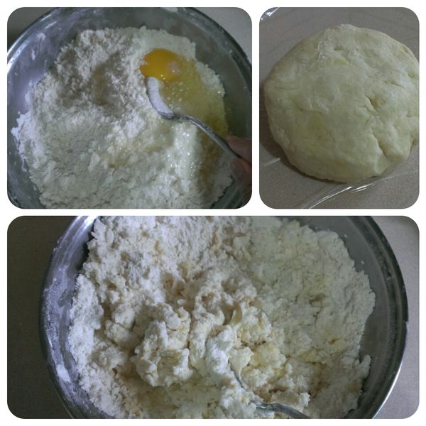 在步驟一完成的奶油麵粉中，加入[派皮]的雞蛋稍微攪拌一下，並分次加入冰水，視情況而定，冰水不用全部加完，大約至可以成糰但不黏手的程度，即可放入冰箱冷凍1小時以上。