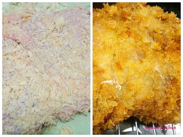 雞腿肉沾上步驟②的麵糊液之後再沾上麵包粉後放入170度油鍋中炸熟.等雞腿稍為涼一點後就可切塊（因為有點厚度.所以溫度也不要過高.不然會裡面不熟而外面已經焦黑,也可將雞肉切成小塊後再炸）