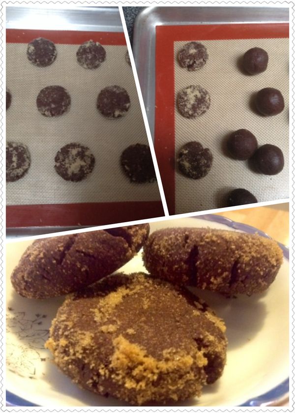 此時預備烤箱，也讓麵糰稍做休息，預熱烤箱一百七十五度十分鐘，將麵糰搓成小圓球狀，外面滾上黃砂糖，放上烤盤壓扁，以一百六十度烤十五到十八分鐘