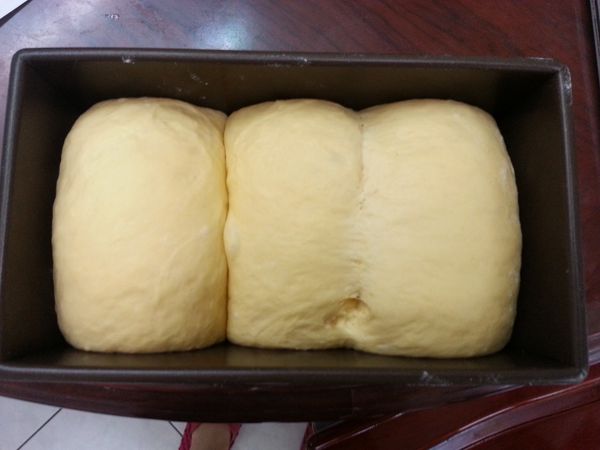 不帶蓋放入密閉空間(烤箱或微波爐中)30分鐘，麵糰發酵至模具的8分滿。預熱烤箱190度c，5分鐘。