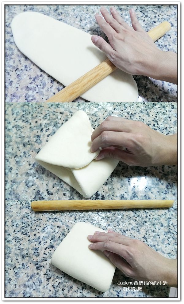 再移回桌上，把麵糰裡的空氣擀出來，再依照片上的方法，繼續擀平