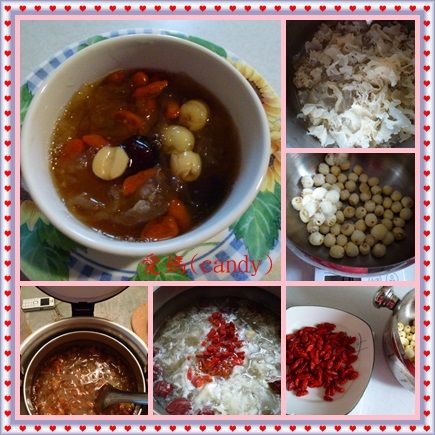 將先銀耳用清水泡軟，去蒂、除雜質，剝成一小片+紅棗，

                  用清水煮約25分鐘後，

加入鮮蓮子、枸杞，再煮5分鐘，起鍋放入燜燒鍋中靜置4-6小時即可。

                 熱食  冰涼吃都非常可口!!
          口感跟燕窩一模一樣呢！