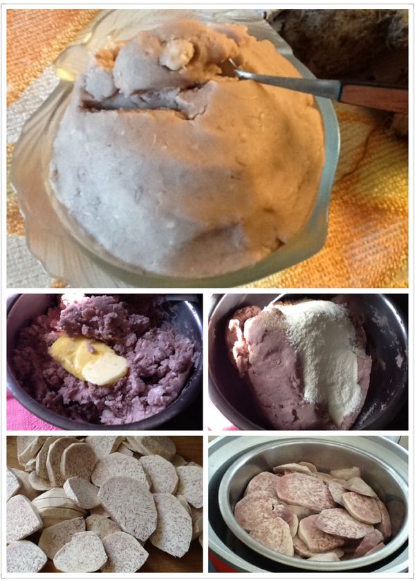 芋泥餡製做：
1.1.芋頭削皮，洗淨，切薄片。
1.2.芋頭放入電鍋內鍋，加1/4杯水，外鍋加1杯的水，按下電源。
1.3.電鍋跳起時即可取出，趁熱用大湯匙先搗散，再加入奶油、奶粉與糖，攪拌均勻成糰狀。（芋頭可以留部份小顆粒，增加口感。）