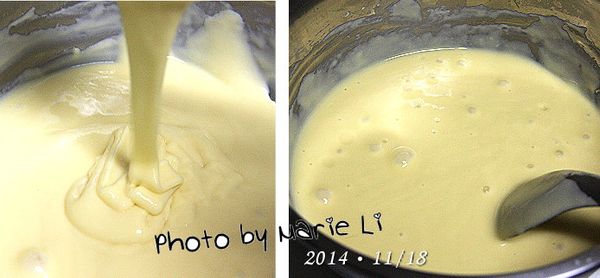 今天早上起個大早
將昨晚調好的麵糊從冰箱裡取出來
稍微攪動後會發現麵糊開始冒泡
這些可愛的泡泡代表麵糊已完成發酵
經由攪拌而漸漸甦醒過來了
( 瑪莉，這是妳自己在瞎掰的吧！ =..= )