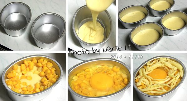 我使用的是一般拿來作小型起司蛋糕的模具
這次的份量正好做了四個《蘋果乳酪雞蛋糕》
外加兩個貓爪模原味雞蛋糕，不包餡的喔！

先將模具裡面塗抹上一層油脂以利脫模
然後再倒進約五分之一模具高的麵糊
沿著模具邊緣先放些蘋果碎塊和玉米粒
然後很豪邁地打進一顆完整的雞蛋
再鋪上一圈乳酪絲‧‧‧