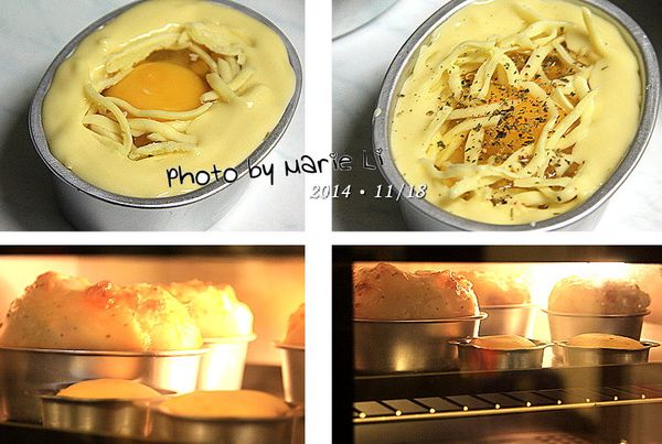 最上層我於邊緣再鋪上一圈麵糊
然後灑上一些義大利香料
就可送進已事先預熱好的烤箱中了

烤箱設定為：

上火：         180度
下火：         180度
烤盤放置：      上層
烘焙時間：    25分鐘


※ 每台烤箱的狀況皆不相同，請依自家烤箱的狀況做調整設定。