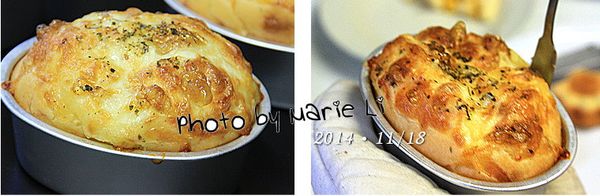 因為鋪了乳酪絲的關係
出爐的雞蛋糕看起來好美味

用果醬抹刀沿著模具邊緣畫一圈
其實還蠻容易脫模的
等待切開成品時一顆心七上八下
有沒有熟？好不好吃？
滿滿的問號都在心裡遊蕩跳躍