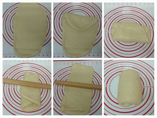 １小時後，攪拌揉麵及首次發酵完成，取出麵糰輕壓出空氣後搓圓，蓋保鮮膜或濕布或鍋子鬆弛醒１５分鐘。
醒好的麵糰桿成長形後由短邊往中間三折捲起來，再轉９０度桿成長形後，再三折捲起來。（即桿平後三折，重覆３次，這樣烤出的麵包口感較佳）