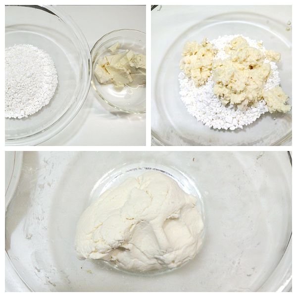 豆腐捏成小碎塊後和白玉粉揉勻到如耳垂般的柔軟.