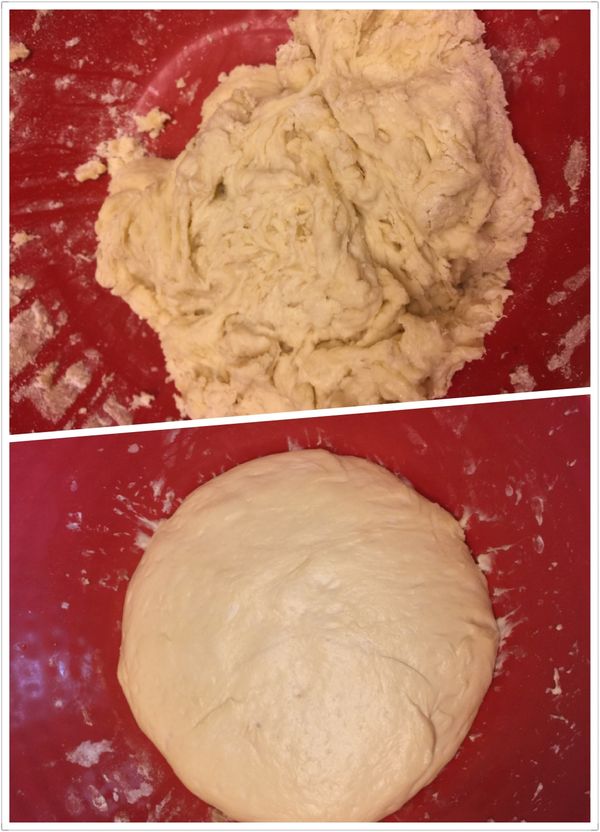 將麵團攤在平面和麵，一邊撒手粉（額外的份量），從黏手和到不粘手需要10分鐘。將麵團放到大碗中，表面塗橄欖油，放置一小時。