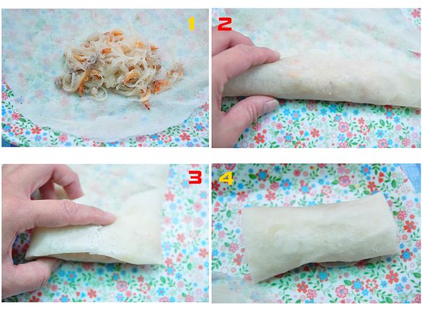 取出適量炒好的蘿蔔絲，再由邊緣捲起，兩面向內摺，最後再收邊及完成