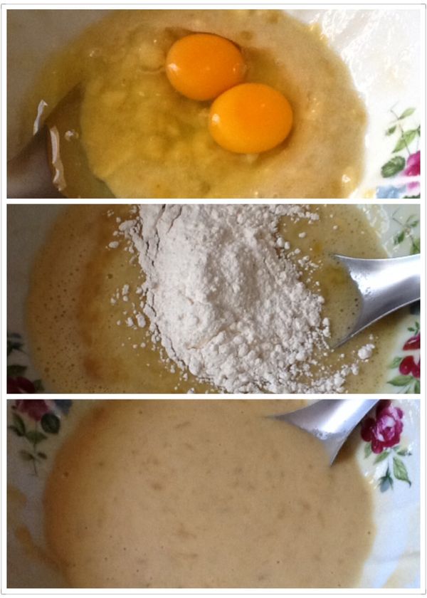 加入雞蛋，先打散，再加麵粉（分3次加入）攪拌均勻至沒有麵粉的顆粒。