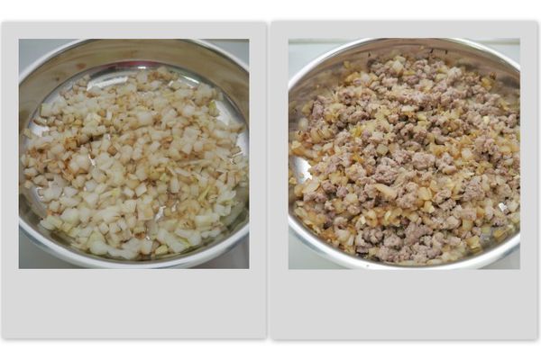 起油鍋爆香蒜末，加入絞肉煎香炒散，再下洋蔥翻炒。