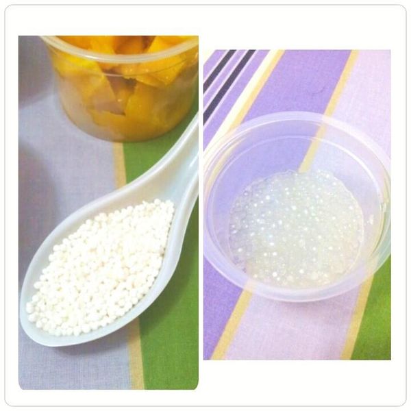 起一鍋滾水放入西谷米乾重10克，滾10分鐘，關火，加鍋蓋悶5分鐘，煮熟後約30-40克(泡越久吸水越重)