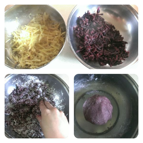 [芋圓]地瓜與番薯地瓜刨成細絲入電鍋蒸熟，放置稍涼後，加入所有粉類材料捏勻，成不沾手麵糰備用