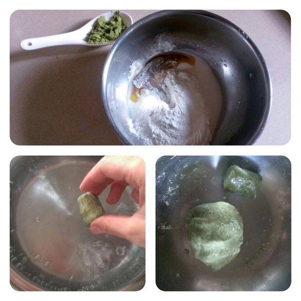 [綠茶圓]糯米粉加水與蜂蜜稍微捏勻後，加入抹茶粉增添香味與顏色，麵糰如果過乾，可以適時添加水分。麵糰成型後，煮一小鍋熱水，取約拇指大的麵糰放入滾水中煮熟成「粿脆」，再放回原麵糰中混合捏勻