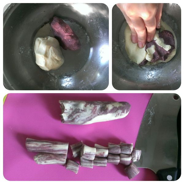 [雙色圓]取兩種不同顏色麵糰適量，稍微混合麵糰使顏色調和，不須過度搓揉。在桌上灑點太白粉，加麵糰搓成細條狀，每一公分切成小塊即完成