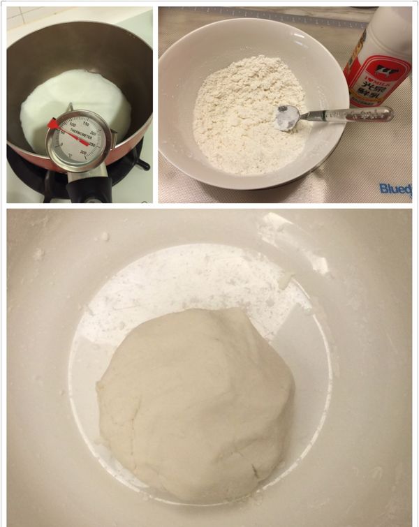 大碗中倒入糯米粉（不需過篩），加入65度的牛奶混合成麵糰。