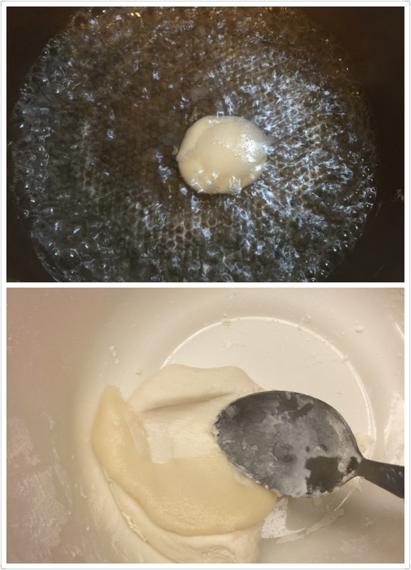 取一小塊 2（麵糰的1/10），以滾水煮至浮起來（俗稱粿脆），加入麵糰揉勻可增加麵糰黏性。