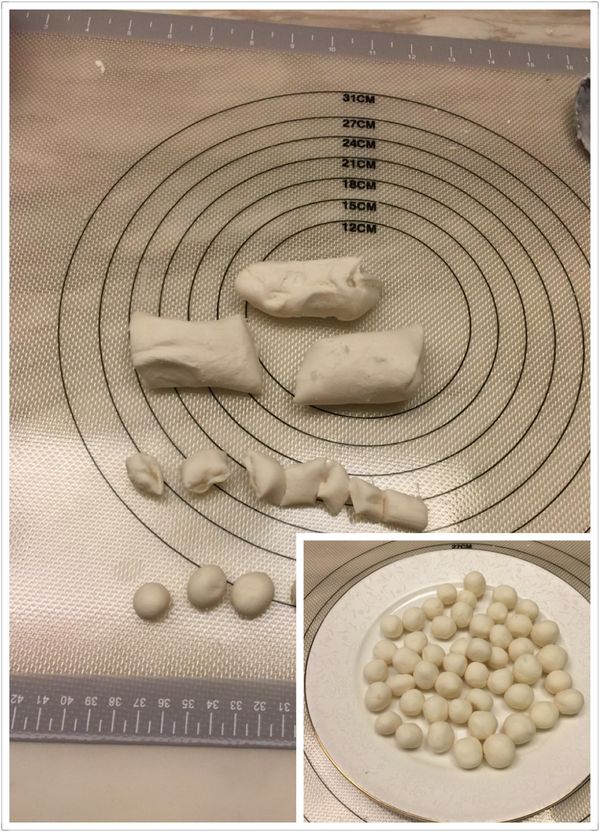 糯米糰搓成圓條，再切成小塊搓圓。