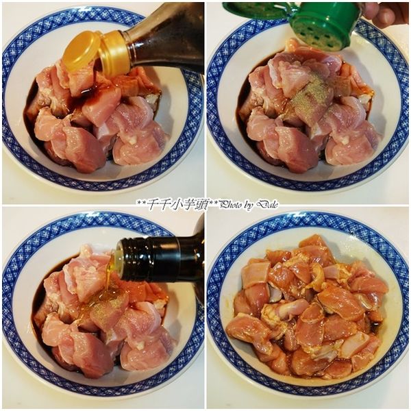 將雞胸肉加入醬油(2匙)適量的胡椒粉及少許橄欖油醃漬約10分鐘