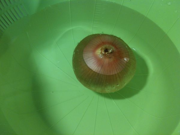 洋蔥泡水備用（洋蔥先泡水20分鐘以上後再切，才不會嗆到眼睛）。將白米放進電子鍋的內鍋裡，米洗好後，將水倒掉備用。