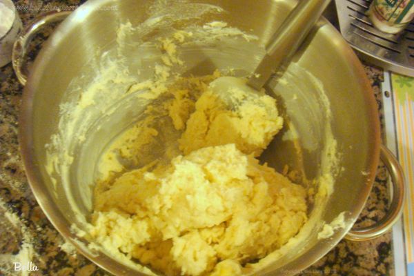 將奶油起司和無鹽奶油放入一個大盆中，用電動攪拌器打到混合均勻，分次倒入白砂糖，鹽，和香草精，再一次開動電動攪拌器拌勻，這時的奶油混合物看起來應該要像是打發的鮮奶油一般，鬆鬆的質感，再分3-4次加入麵粉，小心的用低速拌入奶油中，用低速拌勻就馬上停，不然餅乾出來的口感不夠酥脆。