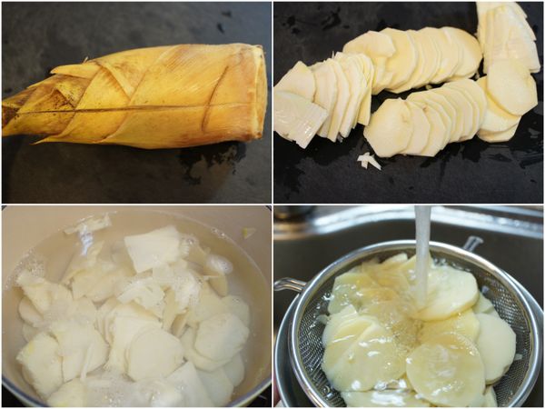 冬筍去殼切薄片。燒一鍋水（份量外，約800cc），水滾加少許鹽、放入筍片，小火煮三十分鐘後，撈起筍片沖冷水，瀝乾水分後備用