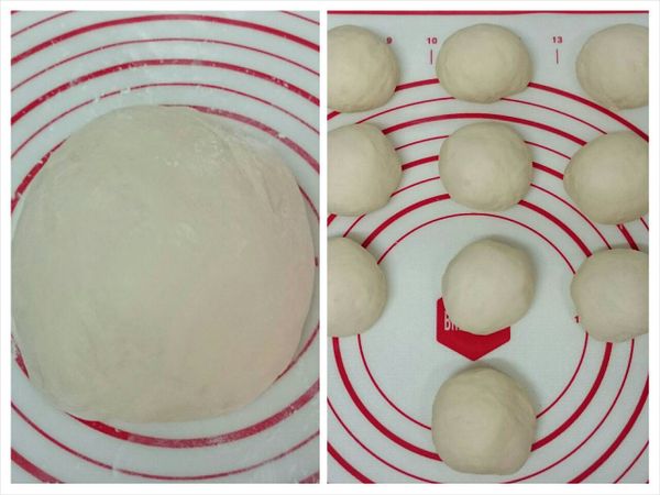首次發酵完成，取出麵團輕揉壓出空氣後，將麵團分切成１０等份並滾圓，蓋上保鮮膜，靜置鬆弛醒１５分鐘。