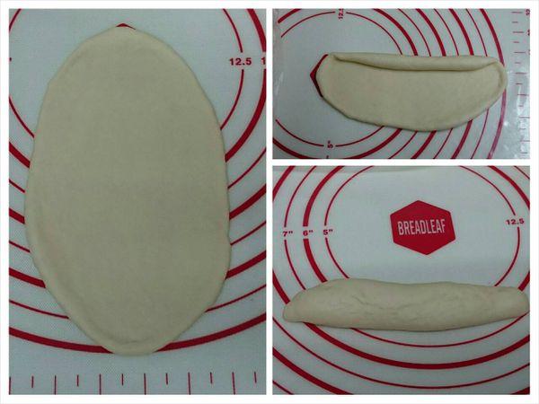 醒好的麵團壓扁，桿成長橢圓形片，再由長邊捲起成長條狀，並將收口粘合。