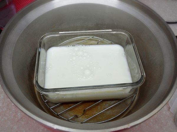 電鍋裏放上蒸架（避免接觸電鍋，溫度過高，發酵過度）再放入做法1的牛奶，蓋上鍋蓋，鍋緣架支筷子留空隙以幫助透氣&amp;降溫。