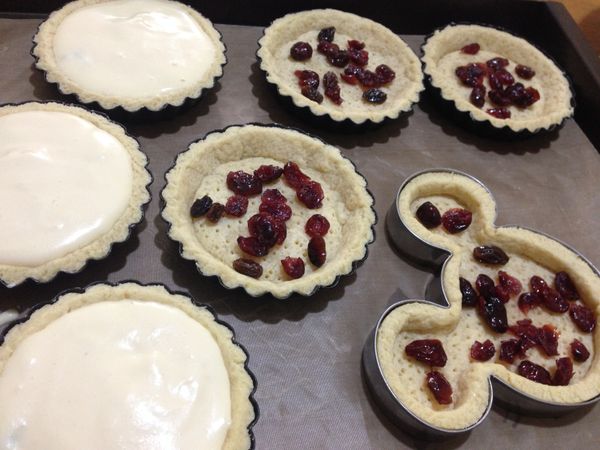 在塔皮底部撒上浸漬過的葡萄乾和蔓越莓，倒入拌勻的作法8，放進預熱170度的烤箱烘烤30分鐘(視塔盤大小調整，竹籤插入取出後沒有沾黏即可)