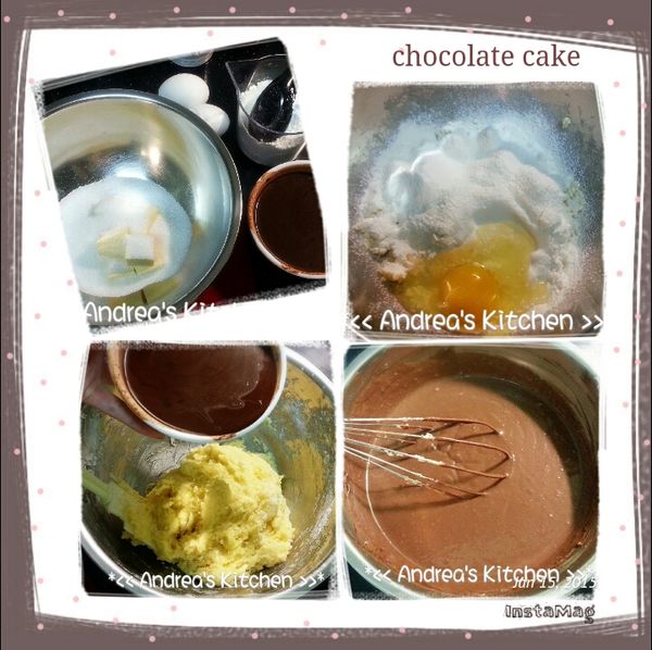 [蛋糕體]
1.將無糖可可粉.紅糖.熱水攪拌均勻成巧克力漿備用
2.將奶油與砂糖用打蛋器攪拌均勻
3.加入一半過篩後的粉體(低筋麵粉+泡打粉+香草粉),和一顆蛋,攪拌均勻
4.再加入剩下的粉體及一顆蛋,攪拌均勻
5.加入巧克力漿拌勻,蛋糕麵糊就完成了