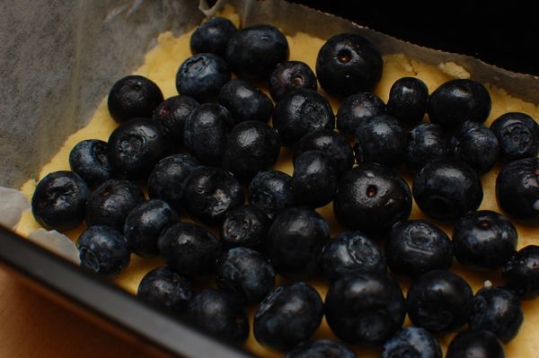 在烤盤放上一張烘培紙，然後鋪上其中一半麵團當底，麵團上面擺放藍莓