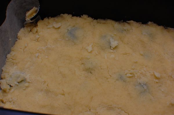 剩餘一半的麵團再鋪在藍莓上，稍微按壓覆蓋住所有藍莓