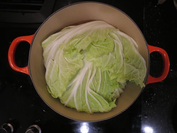 打開鍋蓋，鋪上大白菜，再蓋上鍋蓋煮10分鐘。