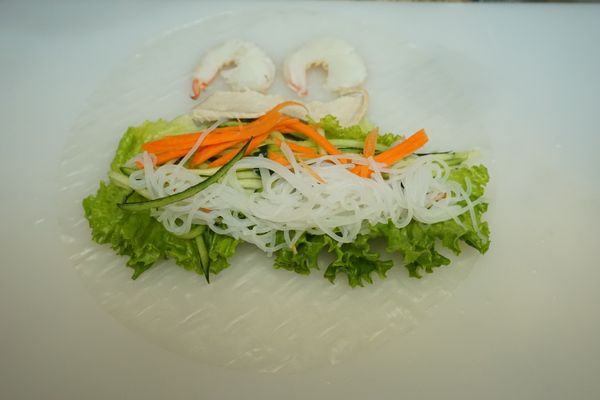 準備一盆溫水，將米紙整個放入，只要浸五秒，取出，放在乾淨的平面上攤平，依照影片的手法依序鋪上料，捲起來就可以了