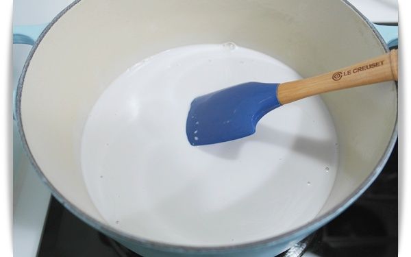 第一歩將椰奶倒至鍋內~~小火慢慢攪拌至煮沸!!

開始滾的時候椰香味會飄出來喔~~香呀^^"