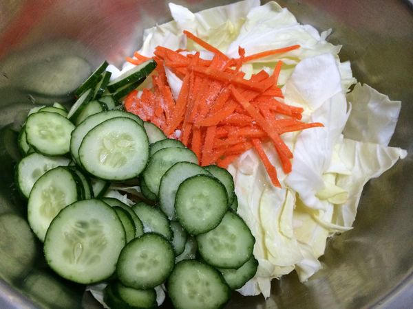 高麗菜切片，小黃瓜切薄片，紅蘿蔔切絲，放入碗裡灑上一點鹽。
