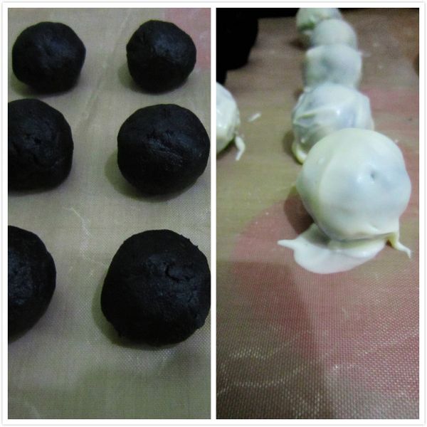 揉成小圓球，冷藏半小時以上。
巧克力隔水加熱溶解後，用叉子或湯匙讓巧克力球裹上巧克力漿，可看小撇步。