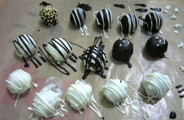 最後用不同顏色的巧克力，畫上線條就很大方精緻拉。或是沾上壓碎的核桃、堅果，以下開放大家自由發揮創意!!