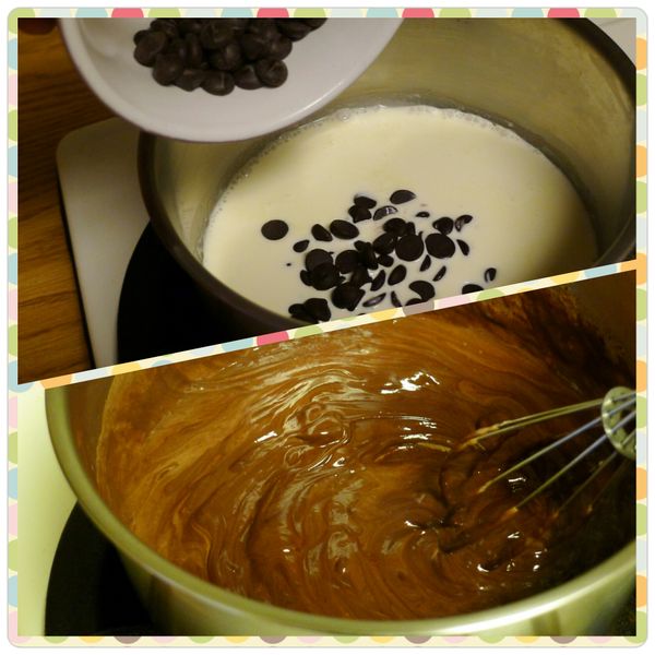 製作[甘納許]取一小鍋，倒入鮮奶油以小火煮至小滾後熄火，加入苦甜巧克力碎粒(鈕扣粒)，以打蛋器攪拌均勻