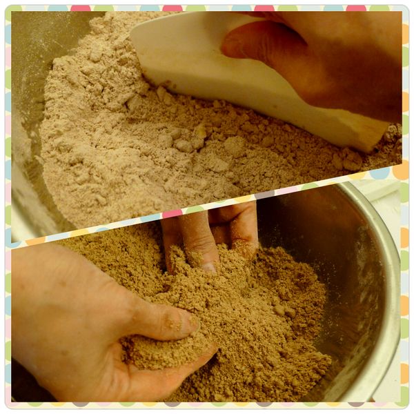 用刮板以切拌方式混合均勻，再以手指捏拌均勻至顆粒鬆散如砂礫狀