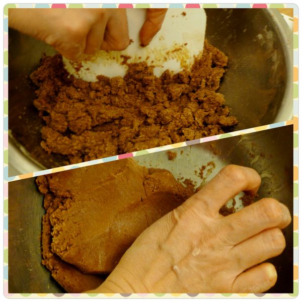 以刮板慢慢由外往內切拌均勻，再以手掌將揉製成麵團