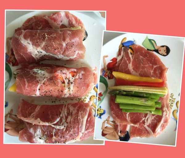 將蔬菜放置在肉片上捲起來，表面撒上鹽、黑胡椒粉調味