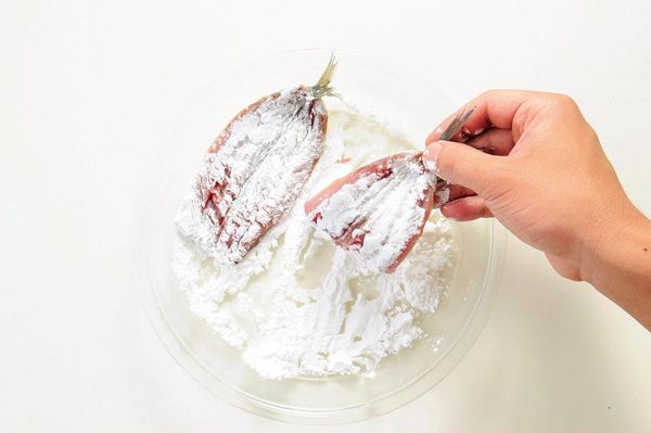 沙丁魚對半切開，將沙丁魚均勻裹覆上一層太白粉。